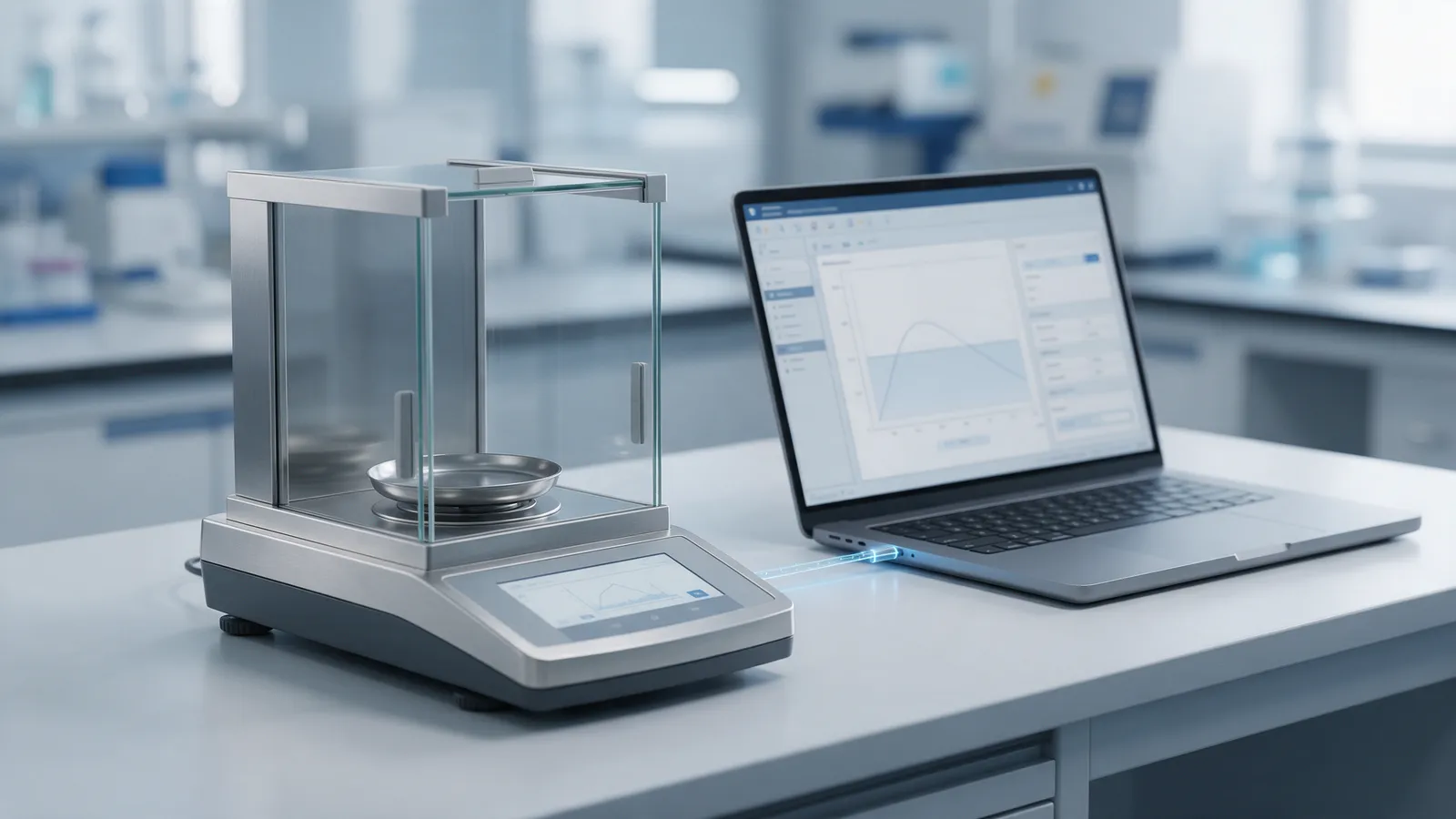Analytical balance connected to the laboratory software, with the result recorded without paper