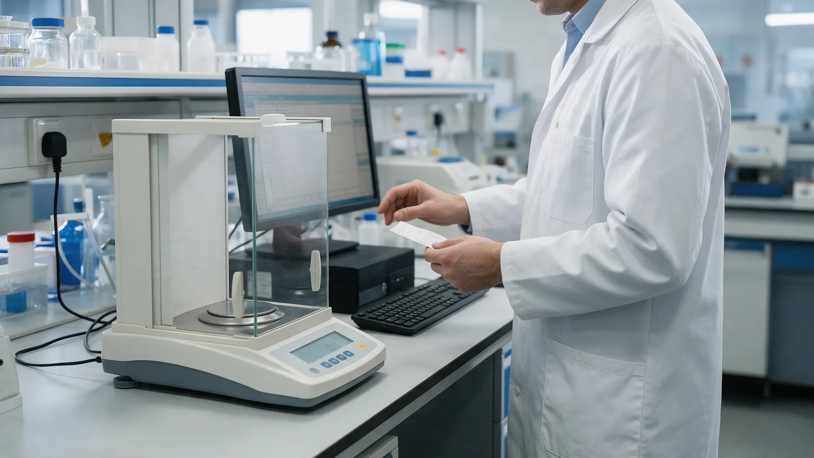 QC analyst holding a printed balance ticket before typing the weight into the computer