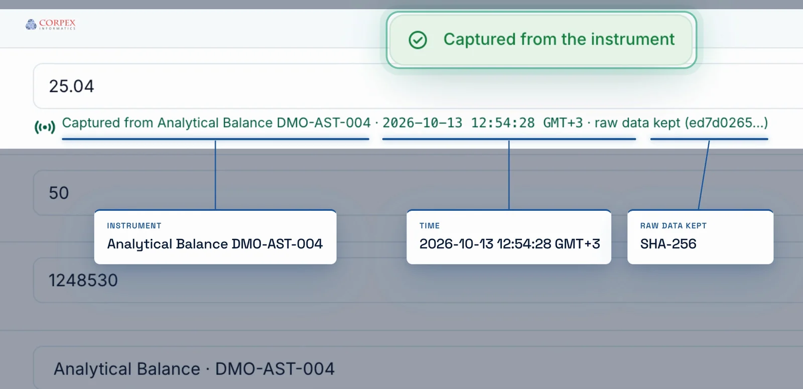 A balance reading captured into a CORPEX LIMS worksheet, showing the instrument, the time and the raw data kept