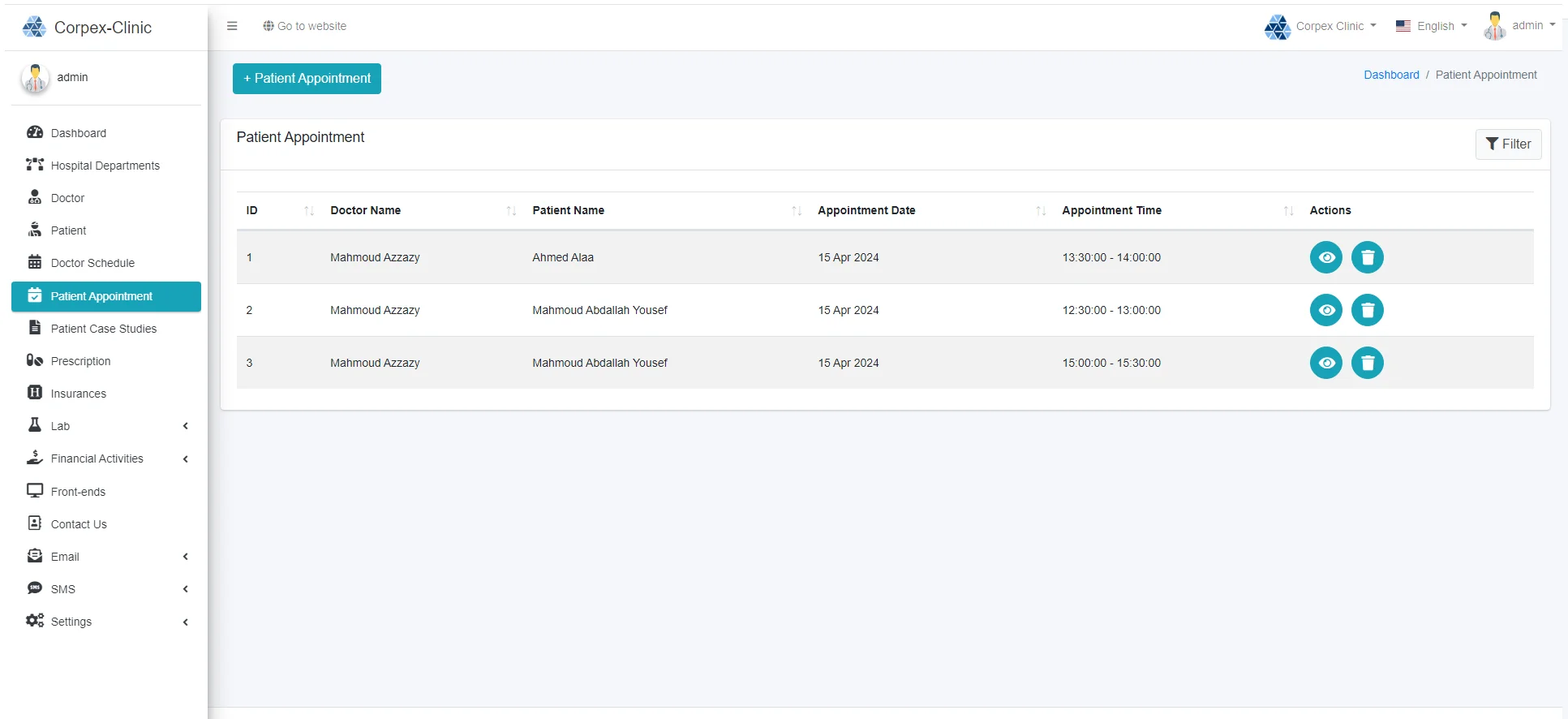 Corpex Clinic Appointments List