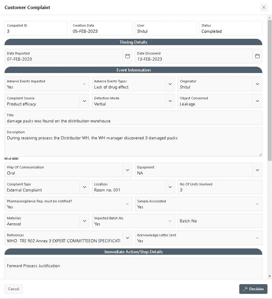 Customer Complaints Interface