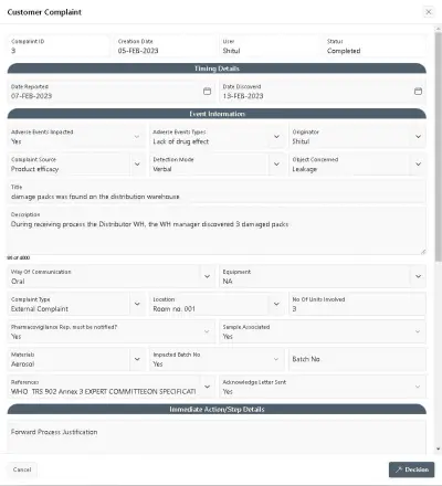 Customer Complaints Interface