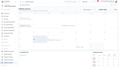 CORPEX LIMS stability calendar showing pulls and tasks by day