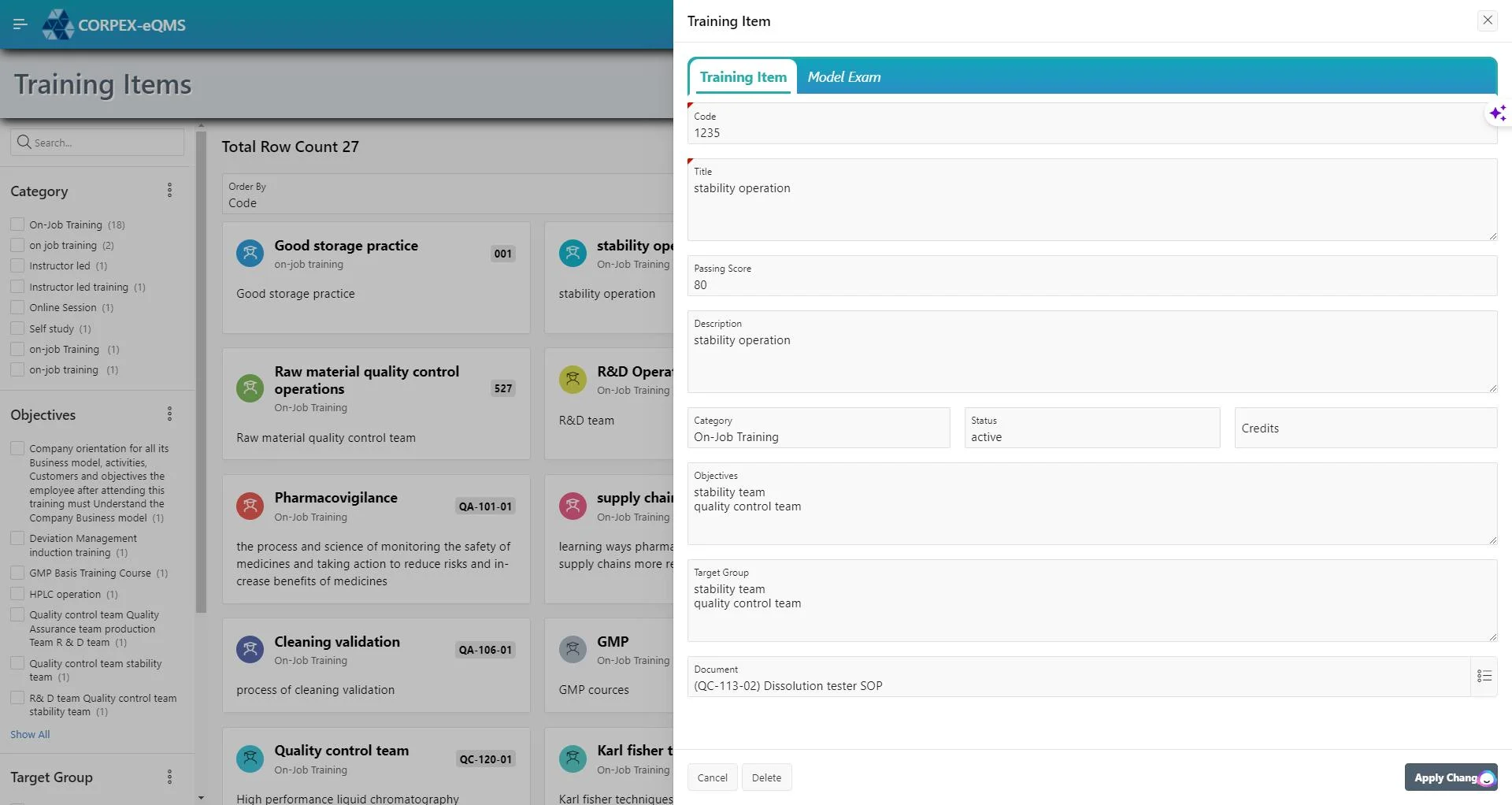 Training Management Interface