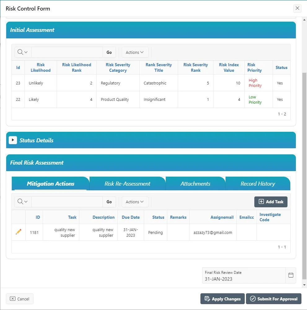 Risk Matrix Interface